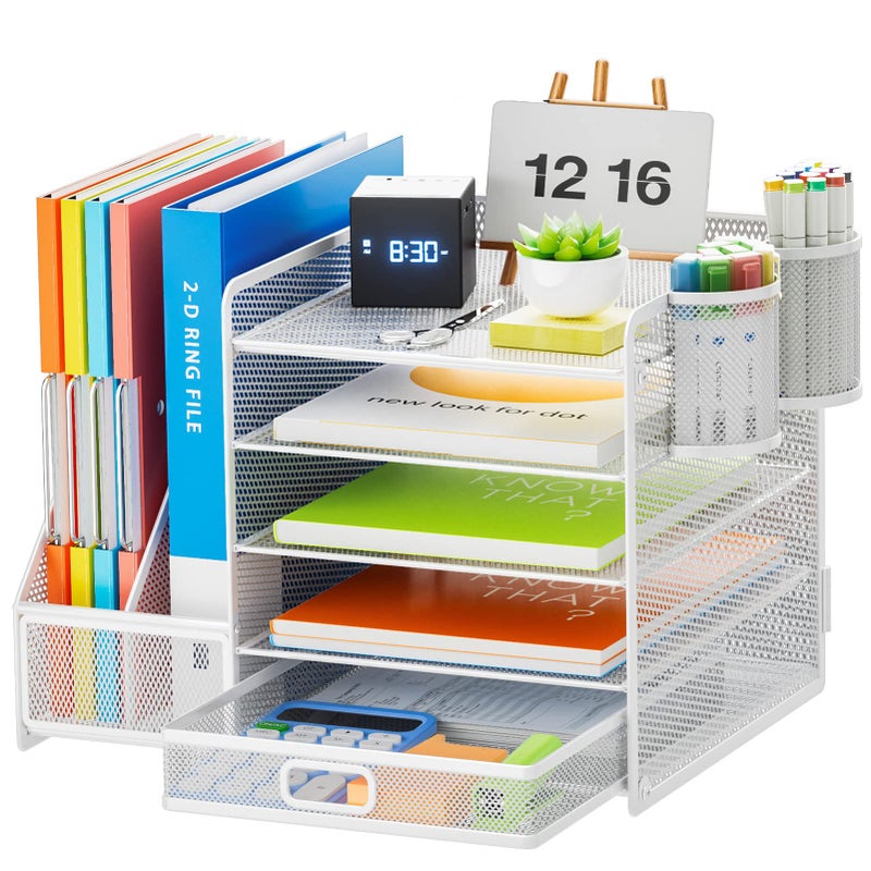 Marbrasse Desk Organiser with File Holder 5Tier Paper Letter Tray Organiser with Drawer and 2 Pen Holder Mesh Desktop Organizer and Storage with Magazine Holder for Office SuppliesWhite