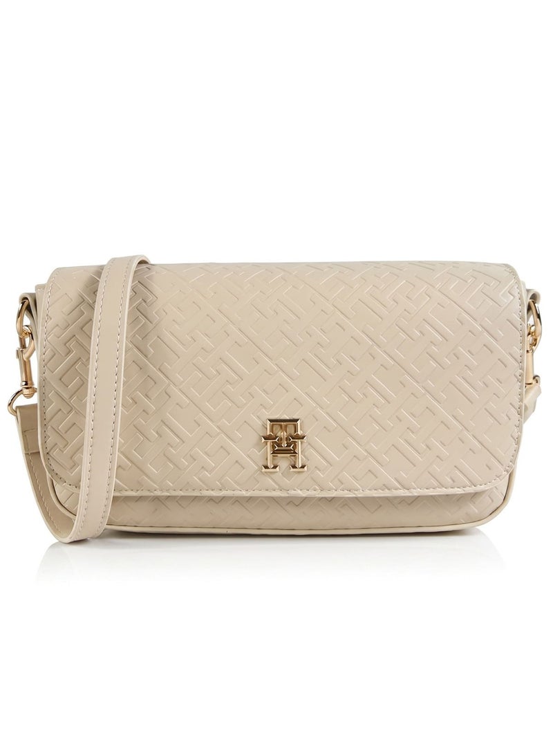 Tommy Icons Tommy Hilfiger Beige Monogram Embossed Women's Crossbody Bag with Gold Hardware - Image 1