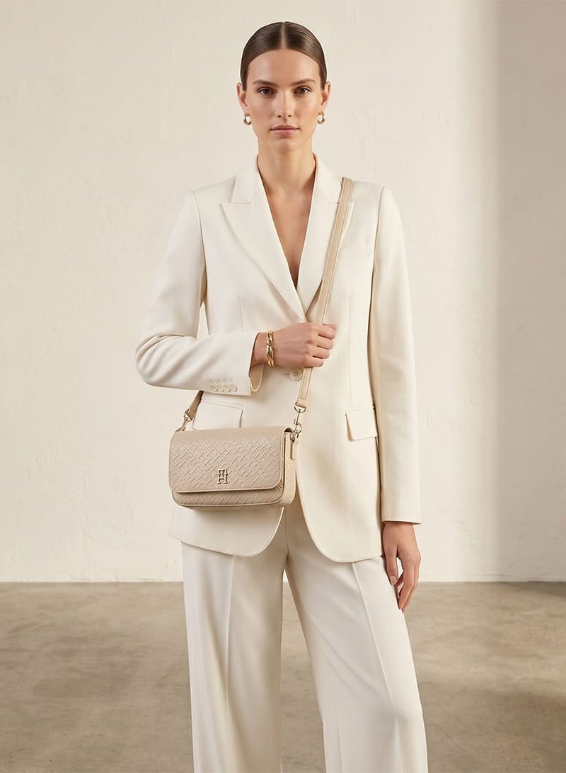 Tommy Icons Tommy Hilfiger Beige Monogram Embossed Women's Crossbody Bag with Gold Hardware - Image 2