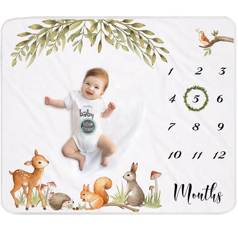 Yoothy Yoothy Woodland Baby Monthly Milestone Blanket Unisex Gift for Baby Shower Photo Blanket for Newborn Wreath  12 Stickers Included Soft Flannel Blanket 45x40
