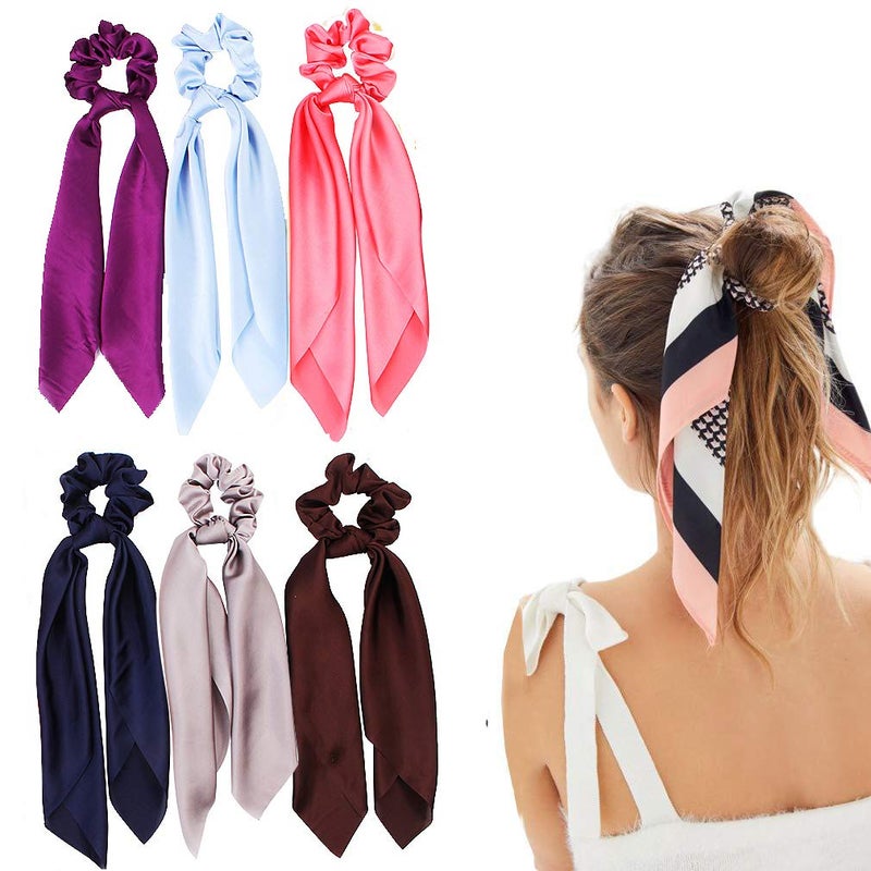 Silk Satin Hair Scrunchies with Bow and Elastic Ponytail Holders 6 Solid Colors