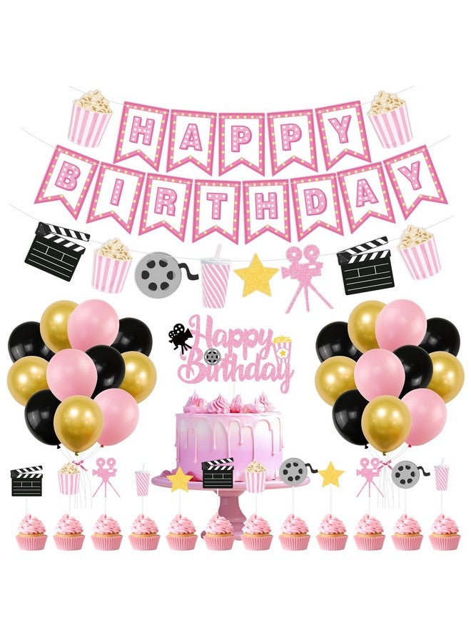 K KUMEED Happy Birthday Decorations,Movie Theme Party Decorations Pink Popcorn Camera Movie Theater Decorations Cute Cake Topper Latex Balloons for Birthday Party Movie Night Party Supplies Girls - Image 1