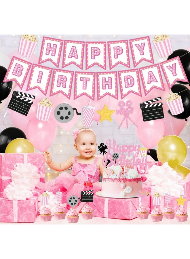 K KUMEED Happy Birthday Decorations,Movie Theme Party Decorations Pink Popcorn Camera Movie Theater Decorations Cute Cake Topper Latex Balloons for Birthday Party Movie Night Party Supplies Girls - Image 5
