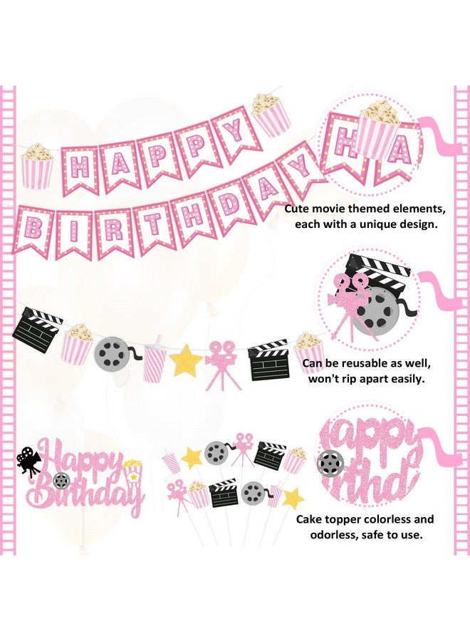 K KUMEED Happy Birthday Decorations,Movie Theme Party Decorations Pink Popcorn Camera Movie Theater Decorations Cute Cake Topper Latex Balloons for Birthday Party Movie Night Party Supplies Girls - Image 3