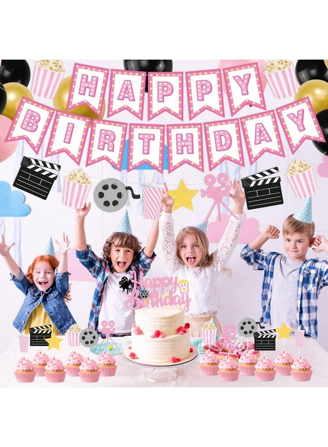 K KUMEED Happy Birthday Decorations,Movie Theme Party Decorations Pink Popcorn Camera Movie Theater Decorations Cute Cake Topper Latex Balloons for Birthday Party Movie Night Party Supplies Girls - Image 4
