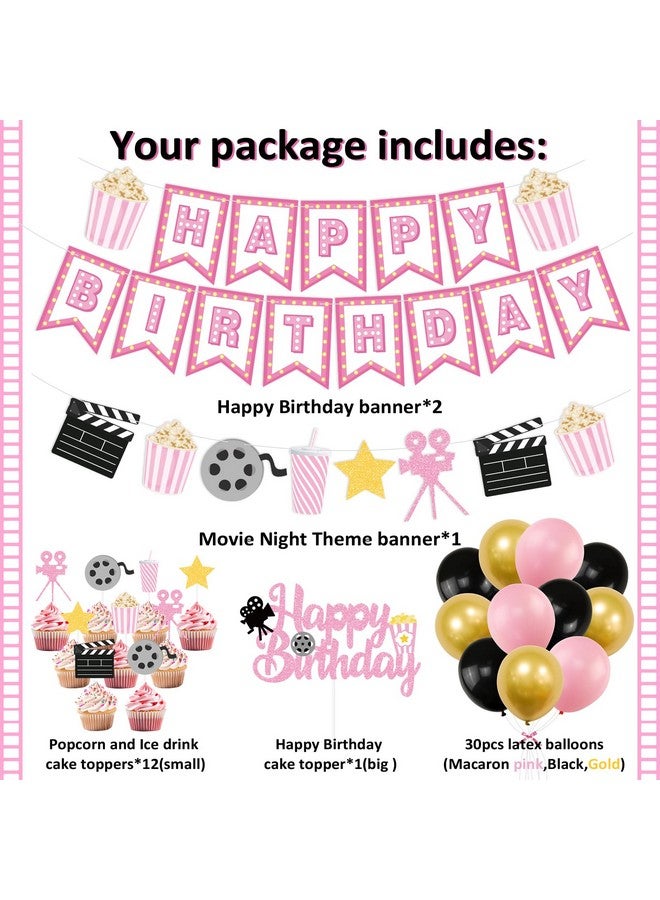 K KUMEED Happy Birthday Decorations,Movie Theme Party Decorations Pink Popcorn Camera Movie Theater Decorations Cute Cake Topper Latex Balloons for Birthday Party Movie Night Party Supplies Girls - Image 2