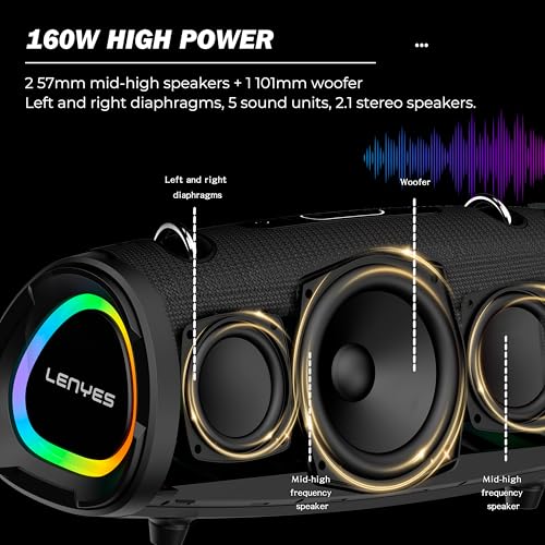 Lenyes S872 Bluetooth Speakers Wireless, 160W Peak Output, 2.1 Stereo Sound, IPX6 Waterproof, 9000mAh Battery, TWS Pairing Bluetooth Speaker, AUX/TF/USB Playback, Mic & Power Bank Support – Black - Image 2