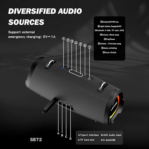 Lenyes S872 Bluetooth Speakers Wireless, 160W Peak Output, 2.1 Stereo Sound, IPX6 Waterproof, 9000mAh Battery, TWS Pairing Bluetooth Speaker, AUX/TF/USB Playback, Mic & Power Bank Support – Black - Image 4