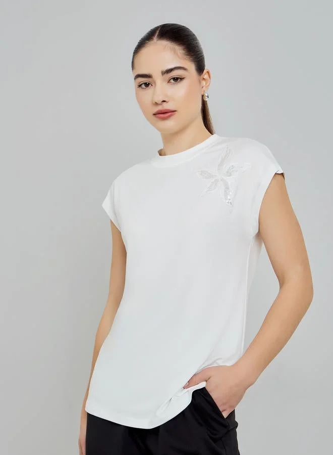 Styli  White Floral Embellished Short Sleeve T-Shirt for Women | Best Price UAE