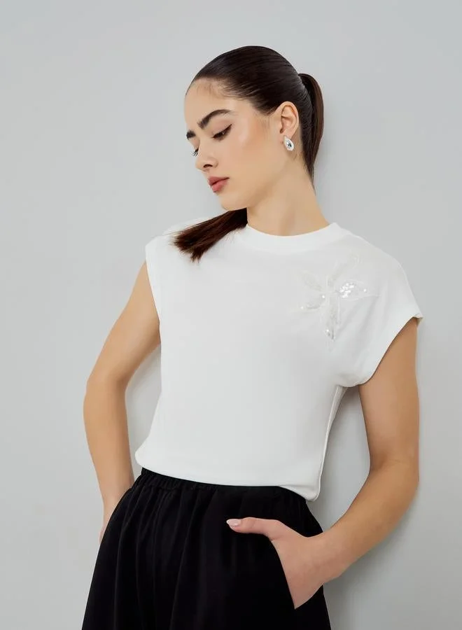 White Floral Embellished Short Sleeve T-Shirt