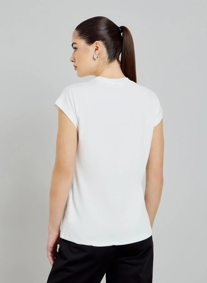 Styli  White Floral Embellished Short Sleeve T-Shirt for Women | Best Price UAE