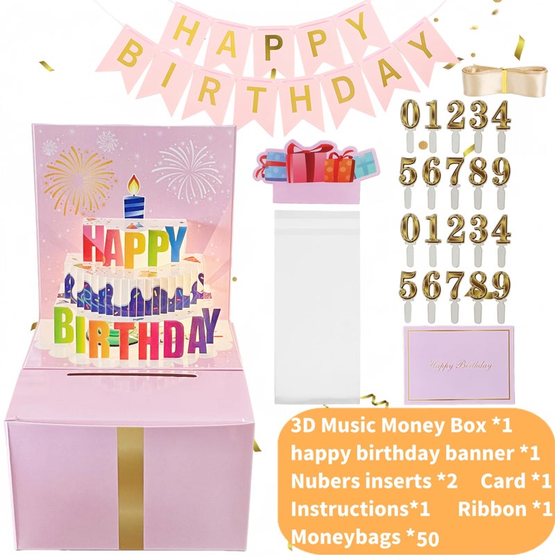 Jinstabag Birthday Money Box For Cash Gift  Birthday Money Pull Box With Music Light Diy Sticker 13Th 16Th 18Th 21Th Any Age And Banner  Birthday Decorations For Boys Girls Kids Adult (Pink) - Image 5