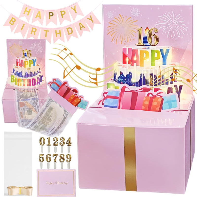 Jinstabag Birthday Money Box For Cash Gift  Birthday Money Pull Box With Music Light Diy Sticker 13Th 16Th 18Th 21Th Any Age And Banner  Birthday Decorations For Boys Girls Kids Adult (Pink) - Image 1
