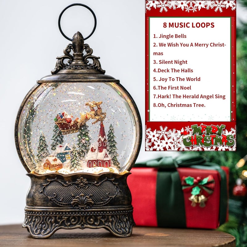 MXwcy Christmas Village Snow Globe Lighted Flying Santa Scene, Musical Snow Water Lantern Swirling Glittering Home Decoration and Gift, Battery Operated or USB Powered - Image 4
