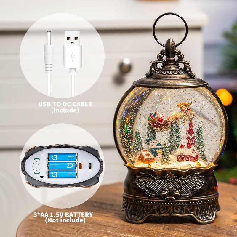MXwcy Christmas Village Snow Globe Lighted Flying Santa Scene, Musical Snow Water Lantern Swirling Glittering Home Decoration and Gift, Battery Operated or USB Powered - Image 3