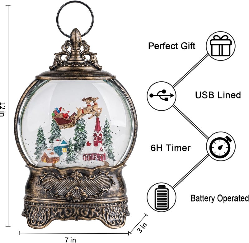 MXwcy Christmas Village Snow Globe Lighted Flying Santa Scene, Musical Snow Water Lantern Swirling Glittering Home Decoration and Gift, Battery Operated or USB Powered - Image 2