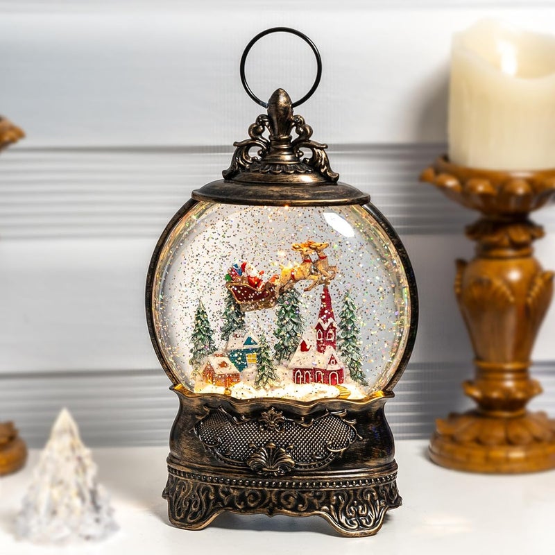 MXwcy Christmas Village Snow Globe Lighted Flying Santa Scene, Musical Snow Water Lantern Swirling Glittering Home Decoration and Gift, Battery Operated or USB Powered - Image 5
