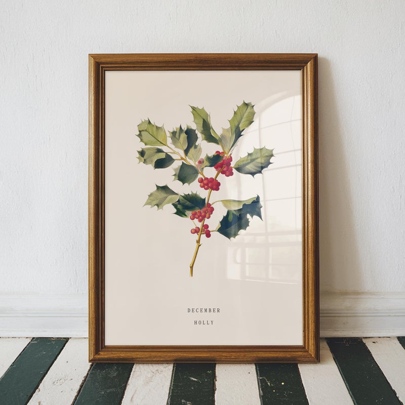 TNESSENTIAL December Holly Birth Flower Wall Art Print: Vintage Botanical Poster - Image 1