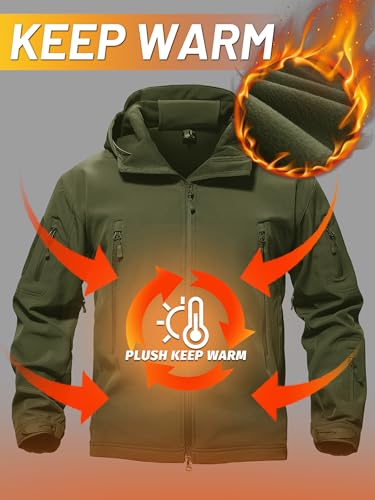 TACVASEN Men Winter Windproof Snowboard Softshell Parka Jacket Tactical Hoodie Fleece Hunting Pockets Ski Coats Hunting Army Green 2XL - Image 3