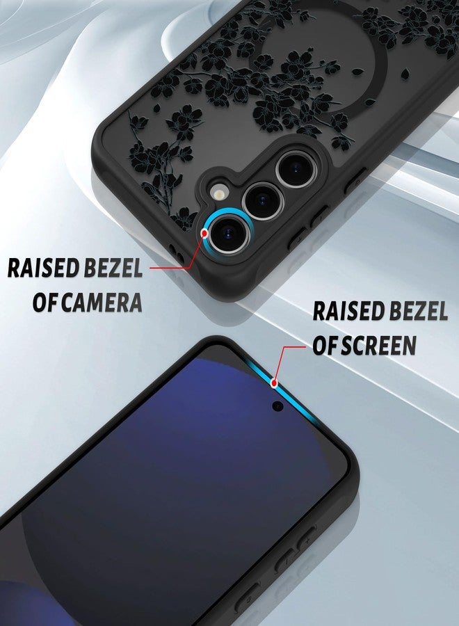 OOK Case for Samsung Galaxy S24 FE 6.7 in (Wireless Charging Compatible) Black Flowers Floral Design Translucent Phone Cover Soft TPU + Hard PC Anti-Scratch Shockproof Magnetic Case for Women - Black - Image 3