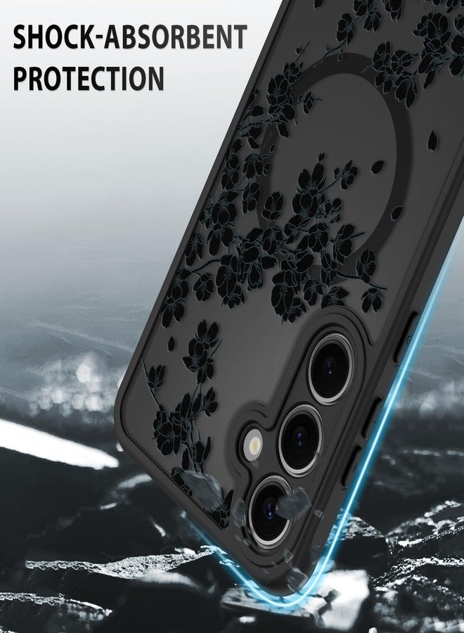 OOK Case for Samsung Galaxy S24 FE 6.7 in (Wireless Charging Compatible) Black Flowers Floral Design Translucent Phone Cover Soft TPU + Hard PC Anti-Scratch Shockproof Magnetic Case for Women - Black - Image 4