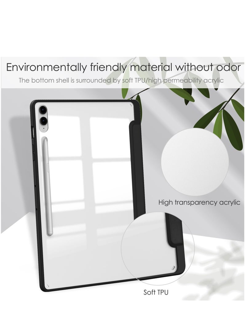 Case Compatible With Samsung Galaxy Tab S9 FE Plus 12.4 Inch 2023 with Pencil Holder Clear Transparent Back Shell Slim Stand Shockproof Tablet Cover Auto Wake/Sleep (Black)