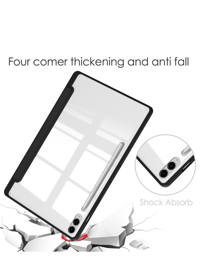 Case Compatible With Samsung Galaxy Tab S9 FE Plus 12.4 Inch 2023 with Pencil Holder Clear Transparent Back Shell Slim Stand Shockproof Tablet Cover Auto Wake/Sleep (Black)