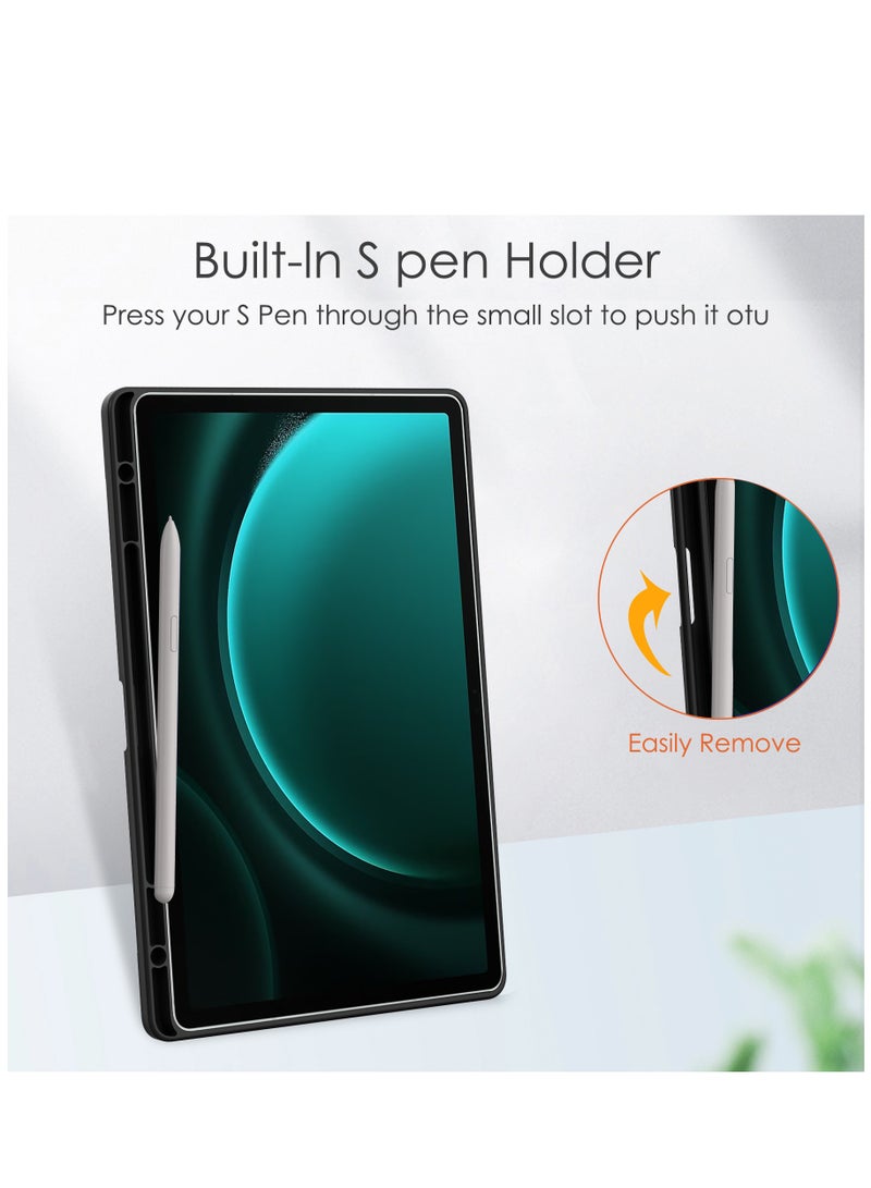 Case Compatible With Samsung Galaxy Tab S9 FE Plus 12.4 Inch 2023 with Pencil Holder Clear Transparent Back Shell Slim Stand Shockproof Tablet Cover Auto Wake/Sleep (Black)