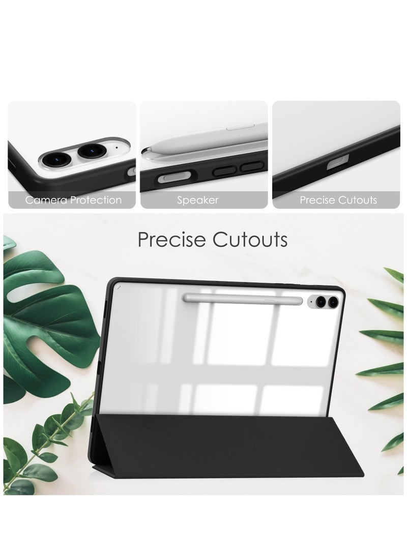 Case Compatible With Samsung Galaxy Tab S9 FE Plus 12.4 Inch 2023 with Pencil Holder Clear Transparent Back Shell Slim Stand Shockproof Tablet Cover Auto Wake/Sleep (Black)