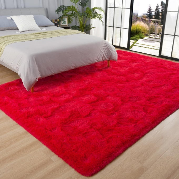 FLUFFY RUGS FOR BEDROOM LIVING ROOM SHAG AREA RUGS FOR NURSERY KIDS GIRLS ROOM PLUSH FUR RUG FOR PLAYROOM DORM 4X6 FEET RED