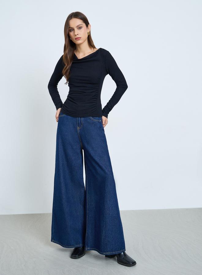 Take Two Black Draped Neck Ribbed Top - Image 2