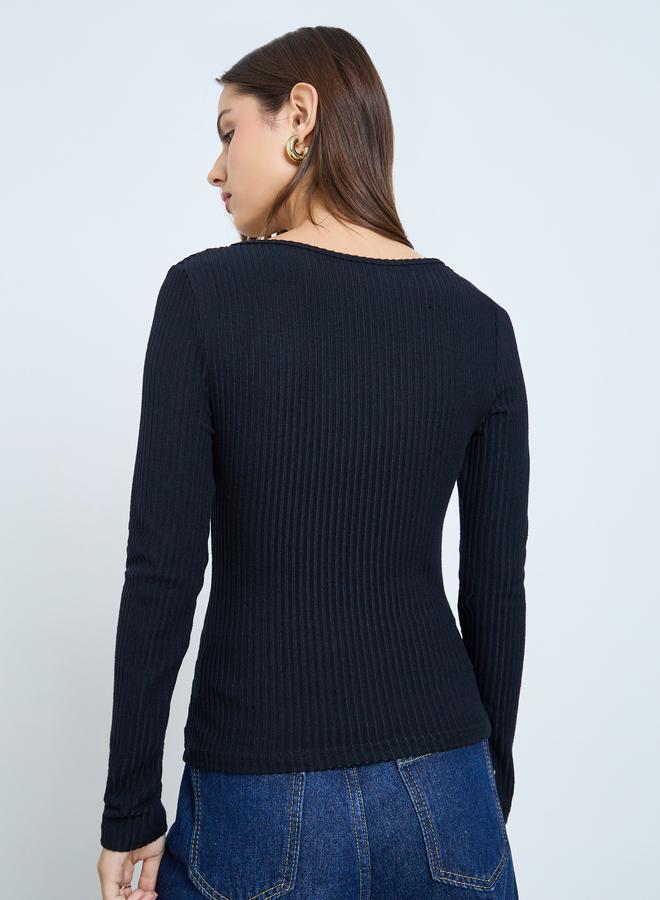 Take Two Black Draped Neck Ribbed Top - Image 4