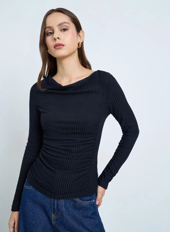 Take Two Black Draped Neck Ribbed Top
