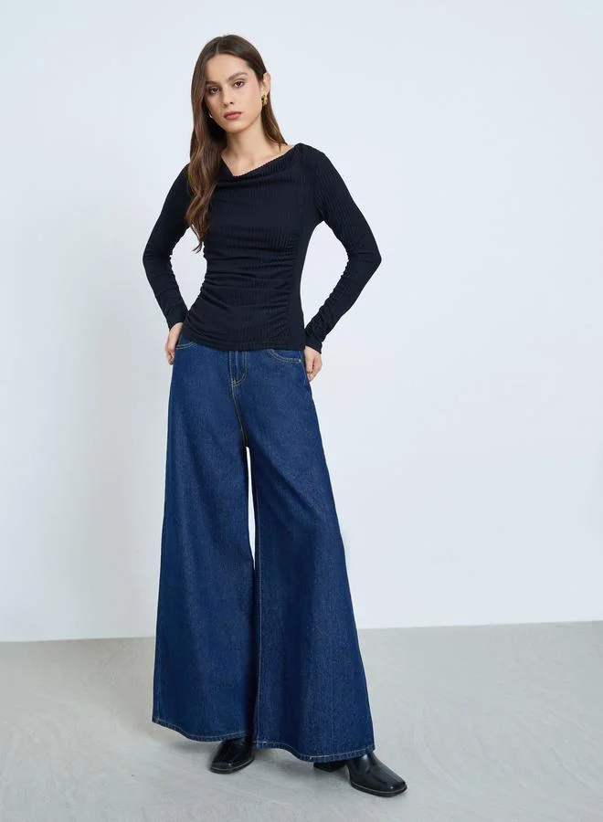 Take Two Black Draped Neck Ribbed Top