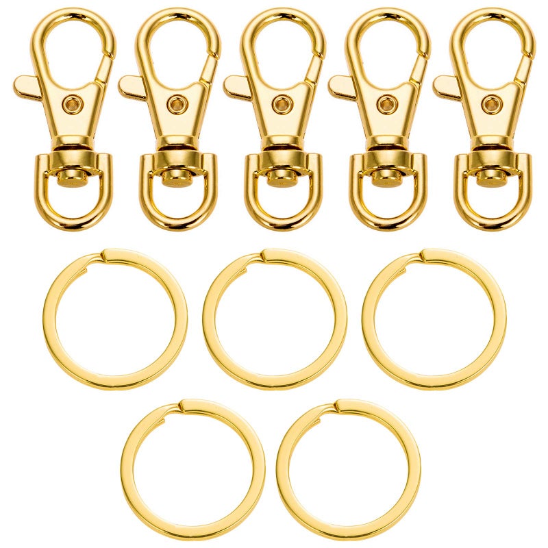 SAMLOO 5 Set Key Chain Flat Key Rings Women Metal Swivel Clasps SnapOn Keychain Ring Hook Spring Clip Snap Hook Lobster Clasp for Keys Lanyards Jewelry Findings Round Edge Gold