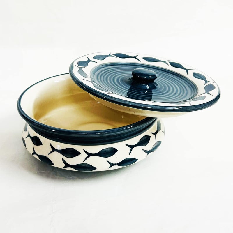 SG Shadowgreen ShadowGreen | Ceramic Serving Dekchi | Serving Bowl with Lid | Dinner/Gravy Bowl | Grey Fish Design | Set of 1 | (1000ML Large) - Image 1