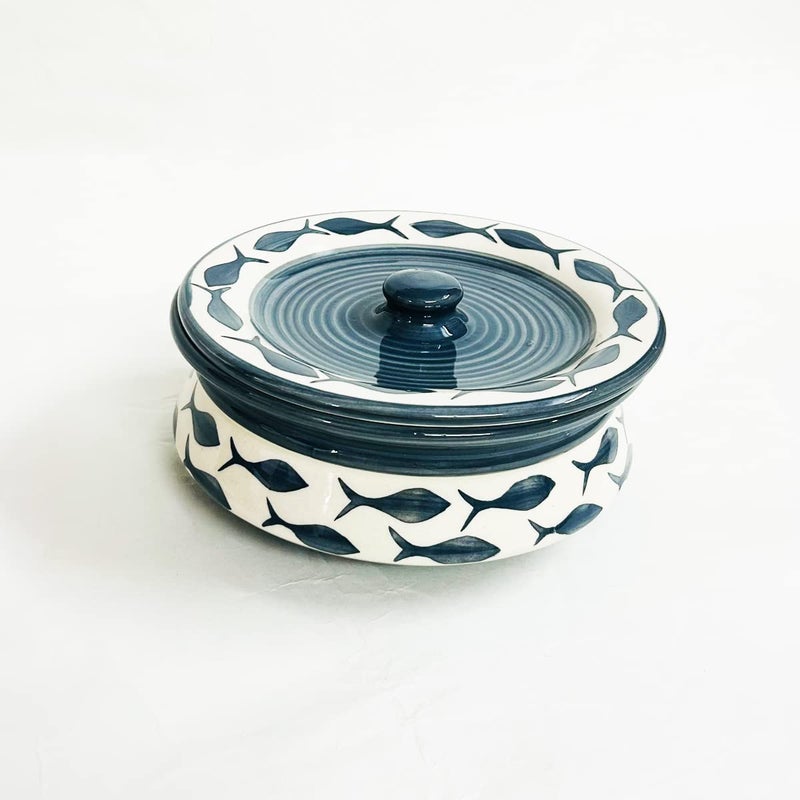SG Shadowgreen ShadowGreen | Ceramic Serving Dekchi | Serving Bowl with Lid | Dinner/Gravy Bowl | Grey Fish Design | Set of 1 | (1000ML Large) - Image 4