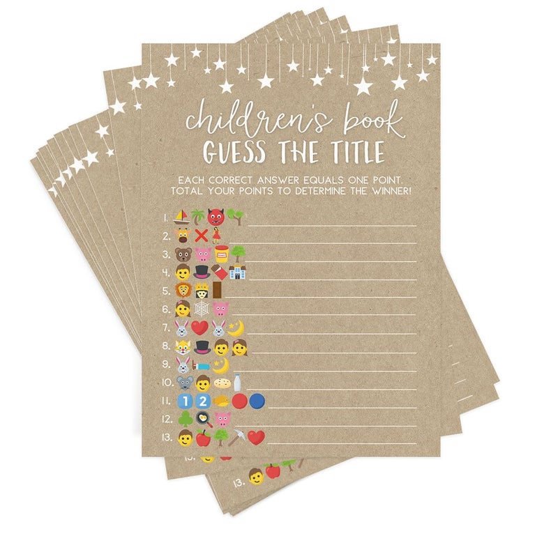 Printed Party Baby Shower Games for Boy or Girl Guess The Childrens Book Title Game Rustic Kraft Country Barn Design 50 Cards - Image 2