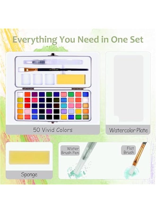 50 Watercolor Paint Set, Portable Watercolor Painting Kits with Regular, Macaron, Metallic  Fluorescent Colors - Art Supplies Kit with Gift Box for Kids, Adults, Beginners, Artists - Image 4