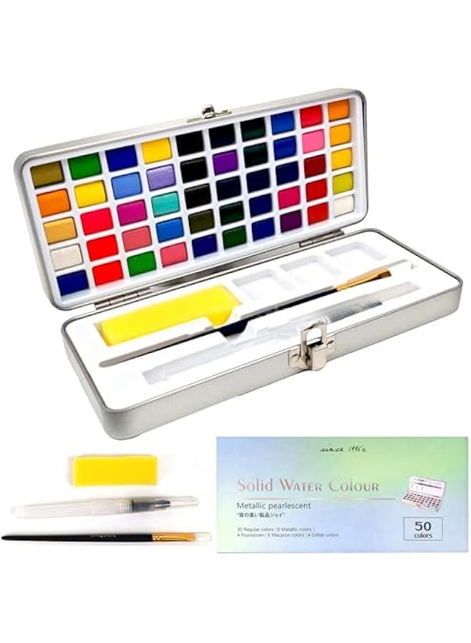 50 Watercolor Paint Set, Portable Watercolor Painting Kits with Regular, Macaron, Metallic  Fluorescent Colors - Art Supplies Kit with Gift Box for Kids, Adults, Beginners, Artists - Image 1