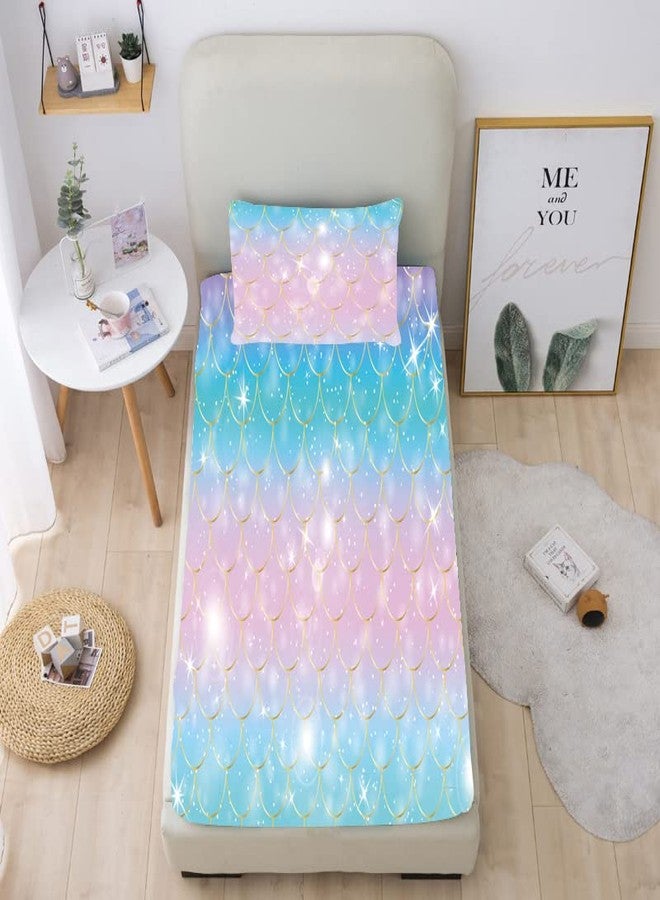 Roscloud Girls Mermaid Scale Bed Sheet Sets Twin Size - 2PC Rainbow Pearl Diamond Stars Kids Fitted Sheet（Fitted Sheet x 1 FPillowcase x 1） - Image 2