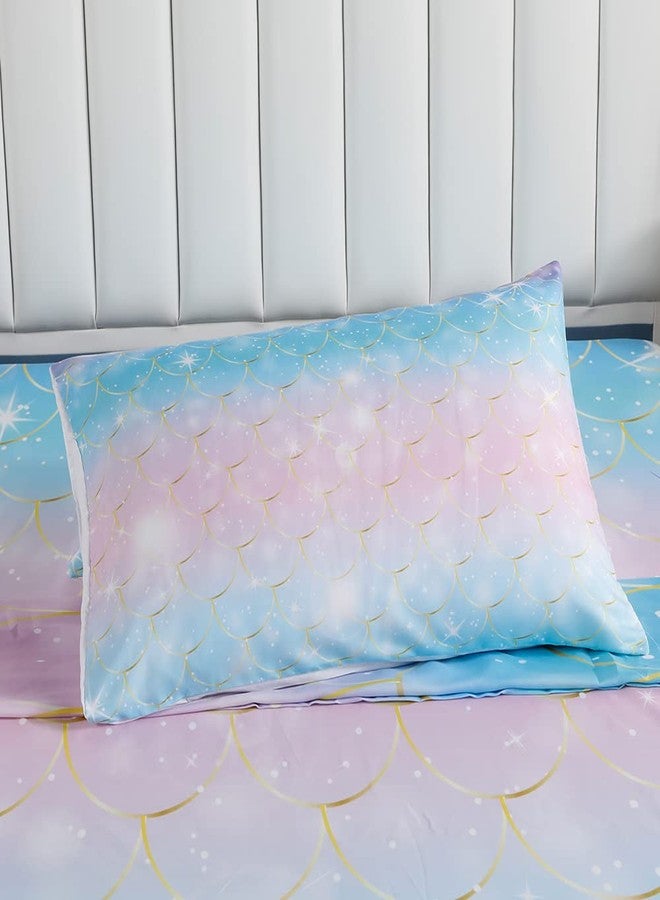 Roscloud Girls Mermaid Scale Bed Sheet Sets Twin Size - 2PC Rainbow Pearl Diamond Stars Kids Fitted Sheet（Fitted Sheet x 1 FPillowcase x 1） - Image 4