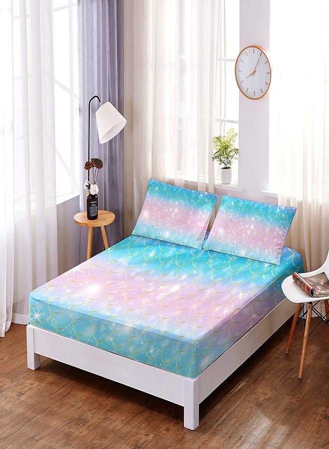 Roscloud Girls Mermaid Scale Bed Sheet Sets Twin Size - 2PC Rainbow Pearl Diamond Stars Kids Fitted Sheet（Fitted Sheet x 1 FPillowcase x 1） - Image 3