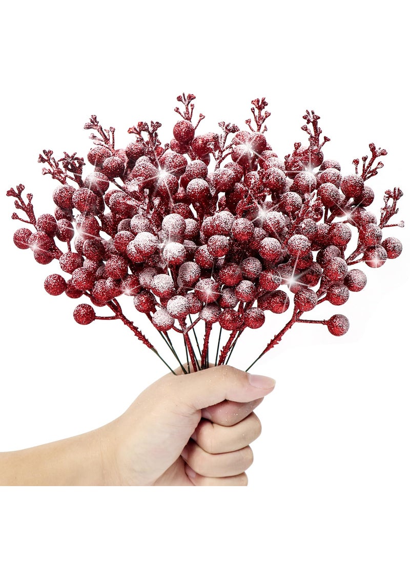 Kesywale 16 Pieces Artificial Glitter Berries Stems  8-Inch Frosted Christmas Picks Berry Sprays Twig Glitter Holly Berry Branches for Xmas Tree Fillers Ornaments  Wreath  Crafts  Home Holiday Decor (Red)  - Image 1