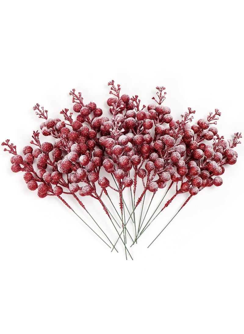 Kesywale 16 Pieces Artificial Glitter Berries Stems  8-Inch Frosted Christmas Picks Berry Sprays Twig Glitter Holly Berry Branches for Xmas Tree Fillers Ornaments  Wreath  Crafts  Home Holiday Decor (Red)  - Image 4