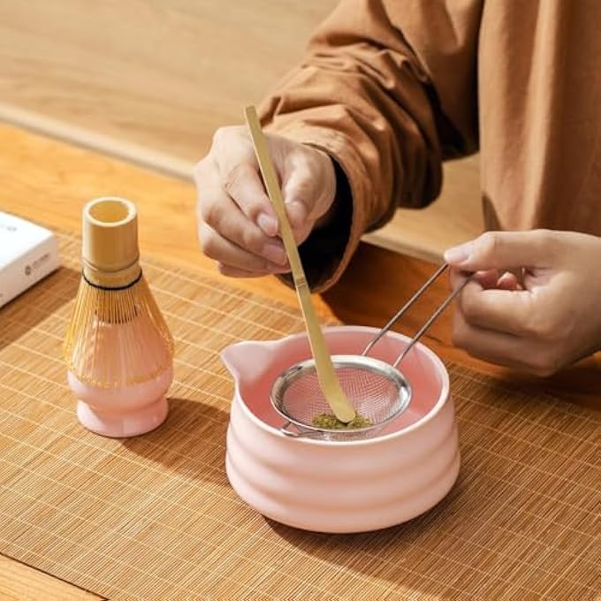 HiBREW Pink Japanese Matcha Set Of 5 For Matcha TeaMatcha Powder KitBowl With SpoutBamboo Whisk And HolderStrainerScoopFor Macha Starter Making Tools With Small Sifter Sieve Mixer Wisk Chasen Chawan - Image 5