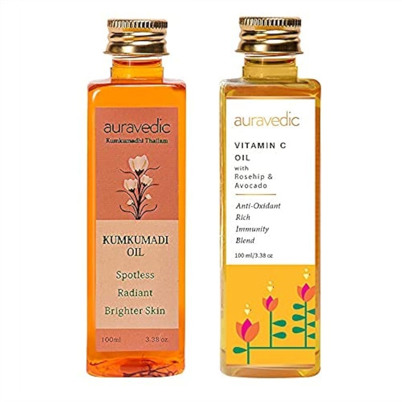 Kumkumadi Saffron & Vitamin C Oil | Hydrating Face Moisturizer | Helps Reduce Fine Lines & Nourishes Dry, Dull Skin | Natural Facial Massage Oil | 3.38 Fl Oz/100ml (Pack of 2)