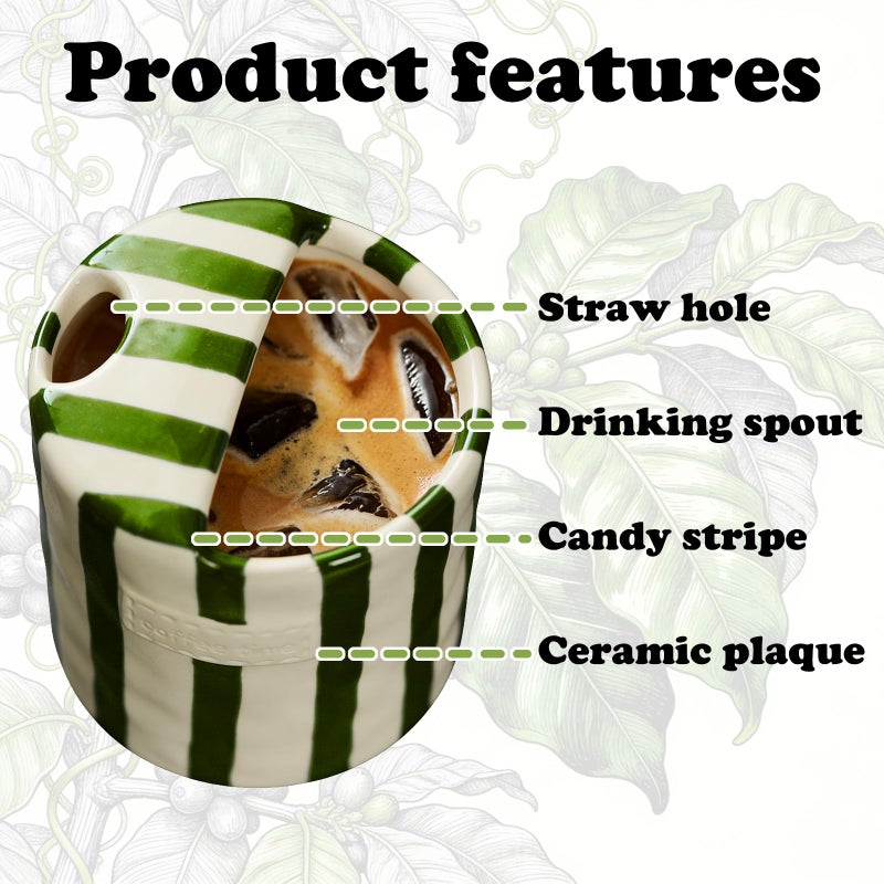 YETESON Ceramic Novelty Travel Coffee Mug - 10oz Retro Hand Painted Green & White Striped Vintage Handmade Design Porcelain Cup, Perfect for Coffee, Tea, Chocolate, Birthday, Appreciation, Dishwasher, Gifts - Image 3