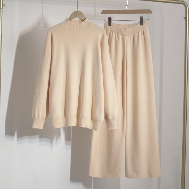 Solid Knit Turtleneck Slit Sweater Set Casual Apricot - Image 1
