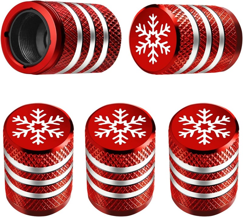 DECURCAR Tire Valve Stem Cap Cover - (5 Pack) Tire Air Caps Metal with Plastic Liner Corrosion Resistant Leak-Proof Snow Snowflake for Car Motorcycle Bike Red - Image 1
